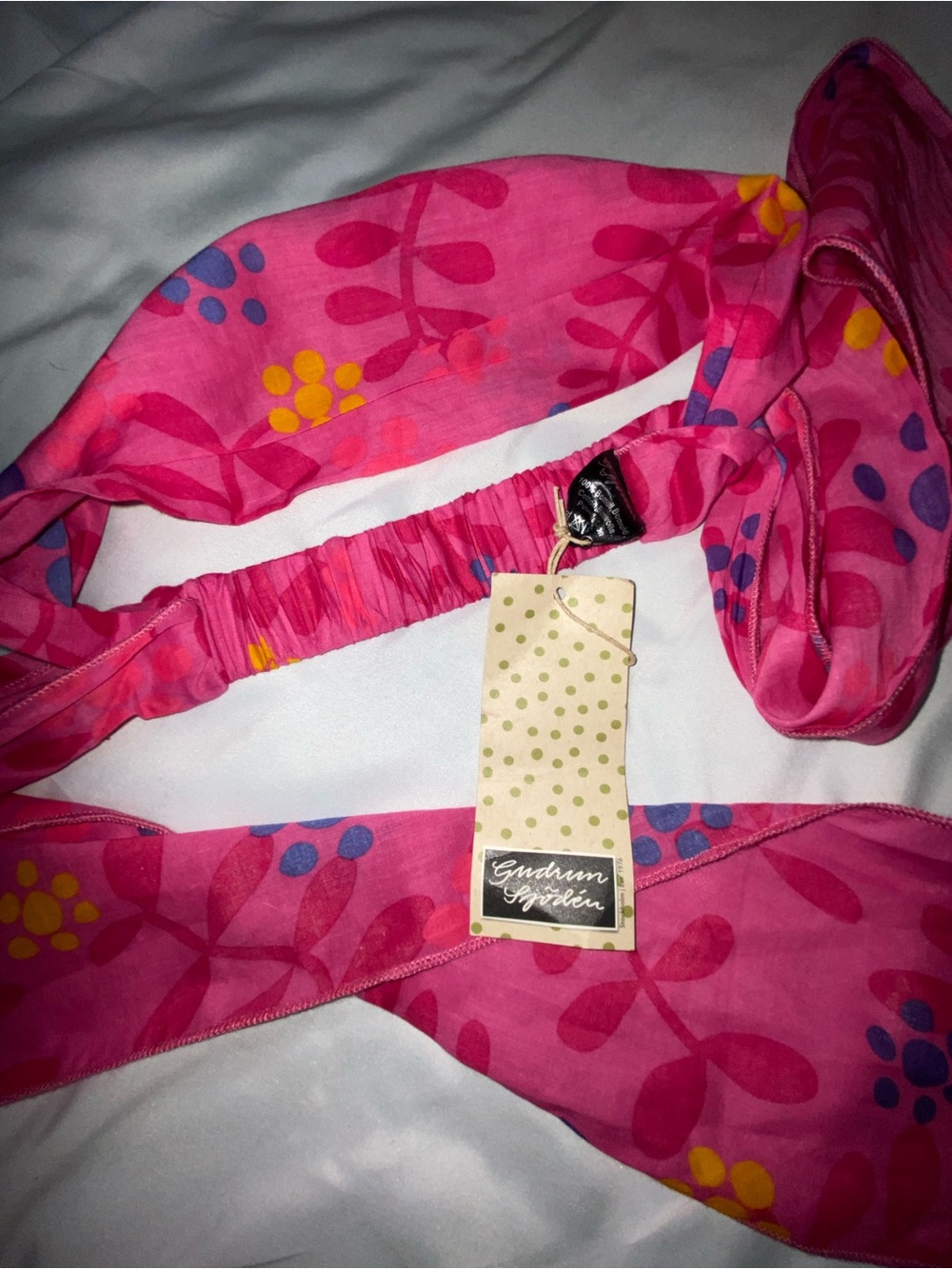 Gudrun Sjoden Pink Floral Head Scarf with Yellow & Blue Accents
